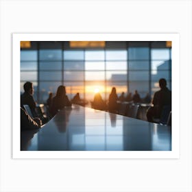 Blurred Silhouettes Of People Sitting At Tables In An Airport Terminal During Sunset, With Warm Light Streaming Through The Large Windows Art Print