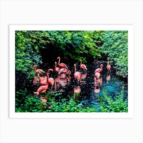 Flamingos in a Tranquil Lagoon. A serene scene of vibrant pink flamingos wading and interacting in a lush, green lagoon surrounded by dense foliage. The water reflects their elegant forms, creating a harmonious connection between nature and wildlife. 5 Art Print