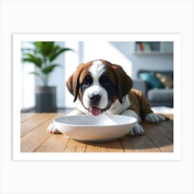 St. Bernard Puppy eating from a bowl 1 Art Print