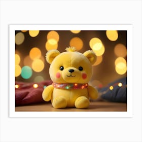 Yellow Plush Bear With Rainbow Lights On A Wooden Floor Art Print