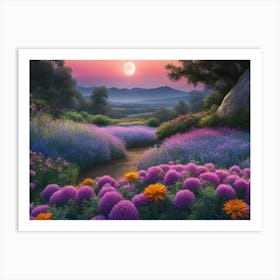 Purple Flower Field At Sunset Art Print