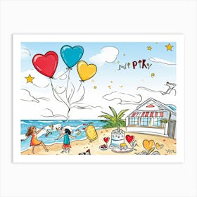 An Illustrated Idea Of A Birthday Party On The Beach Cartoon Valentine Balloons Hand Drawn Vector 2 1 Art Print