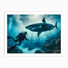 Scuba Diver And Great White Shark 3 Art Print