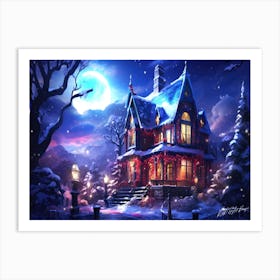 Moon Glow Christmas - Christmas House At Night Art Print