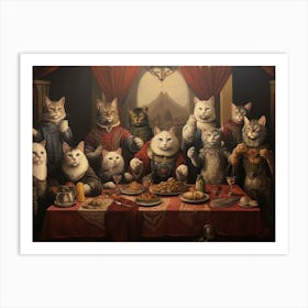 Cats At A Red Banquet Table Art Print