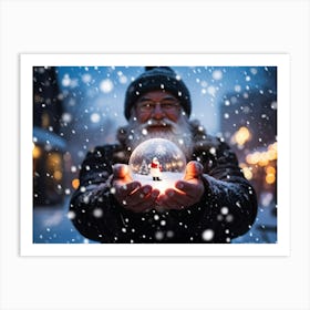 A Snowy Holiday Evening Time Scene Featuring A Man Holding A Luminous Orb That Glimmers With Encapsu (2) Art Print