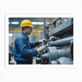 Industrial Worker In A Factory Wearing Safety Gear, Inspecting Machinery Art Print