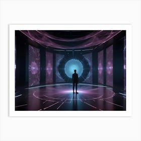 Silhouette Of A Person Standing Within A Futuristic, Circular Room With Glowing Digital Patterns On The Walls And Floor Art Print