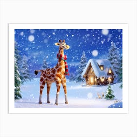 Giraffe Adorned With A Festive Scarf Trotting Joyously Through A Snow Covered Wonderland Flurries Art Print