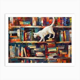 White Cat In The Library - Walking Art Print