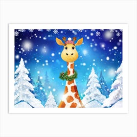 Giraffe Adorned With A Jingle Bell Collar Standing Amidst A Snow Draped Forest Pine Trees Decked W Art Print