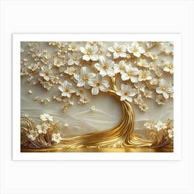 3d Art Golden Tree With White Flowers 2 Art Print