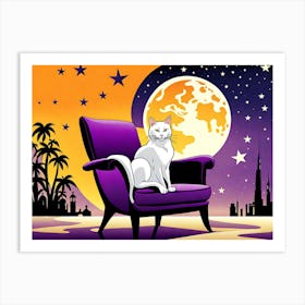 Cat In Purple Chair, vector art Art Print