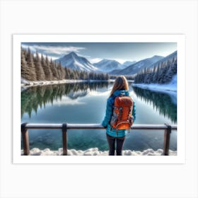 Woman trekking at snowy winter Alps, Rocky Mountains 5 Art Print