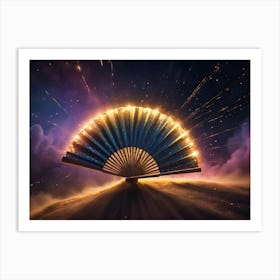 A Fantasy Themed Image Of A Golden Fan With Sparkles Radiating From It, Sitting On A Sandy Hill With A Cloudy Sky And Stars In The Background Art Print