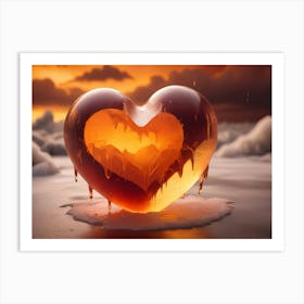 A 3d Rendering Of A Heart Shaped Glass Object, With A Golden Glow And Dripping Liquid Art Print