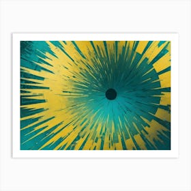 A Colorful, Abstract Design Featuring A Central Black Circle Surrounded By Radial Lines In Shades Of Yellow And Green Art Print