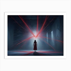 A Woman In A Red Dress Stands In A Dark Room With A Glowing Light Source In The Center Art Print