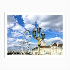 London Eye, Street Lamp, And Bird (UK Series) Art Print