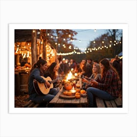 Autumn Festival Illuminated By String Lights Rustic Decorations Such As Dried Corn Husks Pumpkin A (5) Art Print