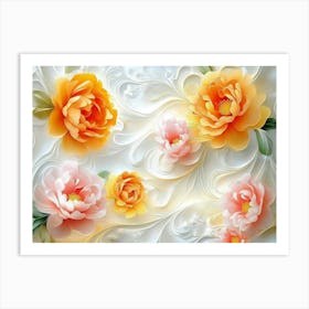 3d Art Stretch Ceiling Design With Orange And Yellow Flowers, Pink Peonies And White Swirls Art Print