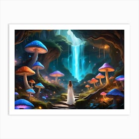 Woman Walking Through A Mystical Forest With Glowing Mushrooms And A Waterfall 1 Art Print