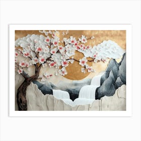 3d Luxury Artwork with A Golden Japanese Landscape and Cherry Blossoms, Sakura, White Waterfall Art Print