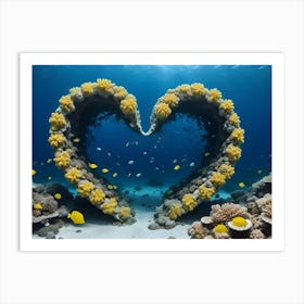 Heart Shaped Coral Reef Made Of Yellow Coral, With Tropical Fish Swimming Around, Underwater Scene Art Print