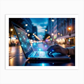 Person Using A Laptop On A Table At Night With City Lights Blurred In The Background Art Print