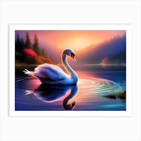 Swan Swimming Lake - Wild Bird Painting Artwork 92 Art Print