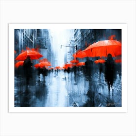 Rainy Day - Red Umbrellas Rain Art Print