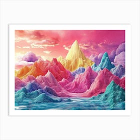 Colorful 3d Landscape Art with Bright Coral Background and Surreal Fantasy Mountains Art Print