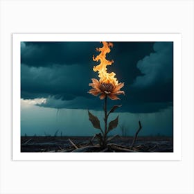 Abstract Image Of A Burning Flower Against A Dark Sky With Rain, Creating A Surreal And Dramatic Scene Art Print