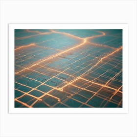 A Close Up Of A Digital Grid With Glowing, Orange Lines On A Blue Background, Resembling A Futuristic City Or Network Art Print