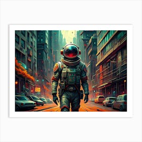 Astronaut Walking Through A Futuristic City Art Print