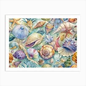 Watercolor Seamless Pattern With Sea Shells, Starfish And Seaweed Art Print