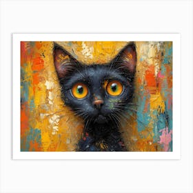 Whiskered Masterpieces: A Feline Tribute to Art History: Black Cat With Yellow Eyes Art Print