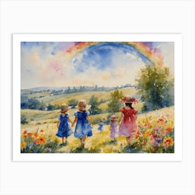 Watercolor Rainbow Children Play in the Meadow on a Summer's Day - Colorful Watercolour of Girls Playing in Pretty Dresses Carefree Perfect Painting - Happiness Joy Butterflies Flowers, Botanical Mama Gallery Wall Artwork Floral Joyful Beautiful Art Print