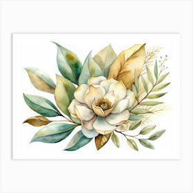 Watercolor Painting Of A White Magnolia Flower With Leaves Art Print