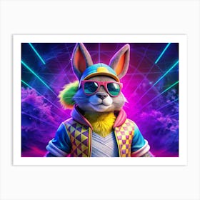 Cool Bunny In Sunglasses And Checkered Jacket With Neon Lights Art Print