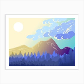 Mountains Forest Landscape Sky Clouds Sun Sunlight Glow Trees Mountain Range Environment Nature Scenery Scenic Minimalist Art Art Print