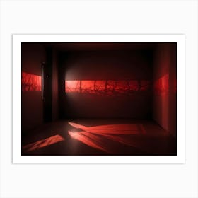 An Empty Room With Red Walls, A Wooden Floor, And A Window With A Red Light Filtering In, Casting Shadows On The Floor Art Print