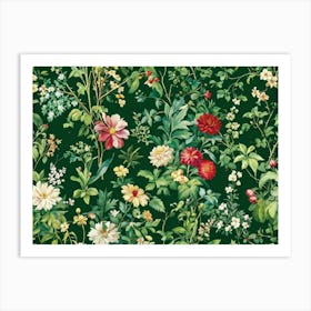 An Intricately Detailed Botanical Wallpaper Depicting A Lush Green Summer Garden Bursting With Flor (1) Art Print