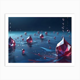 Sparkling, Red Gemstone Like Water Drops Splash Into A Pool Of Water, Creating Ripples And Reflecting Light Art Print