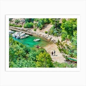 Cassis Calanque Port Miou. This image shows a serene coastal scene, likely a small Mediterranean inlet or calanque. Turquoise-green water contrasts with rocky, tree-covered cliffs and a sandy shoreline. Several small boats are anchored near a wooden pier, and people are enjoying the scenery, some in kayaks, others standing on the shore. Lush greenery surrounds the area, creating a peaceful, natural atmosphere. Art Print