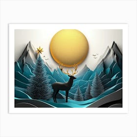 3d Modern Art with Christmas Tree, Golden Lines and Mountain and Birds in Blue Marble 2 Art Print