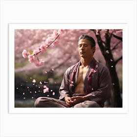 Meditating Man Under Cherry Blossoms Paintings Art Print Art Print