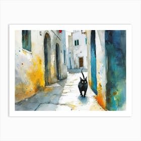 Black Cat In Puglia, Italy, Street Art Watercolour Painting 4 Art Print