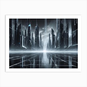 A Futuristic Cityscape At Night With Towering Buildings And A Reflective, Grid Like Surface, Creating A Sleek And Modern Aesthetic Art Print