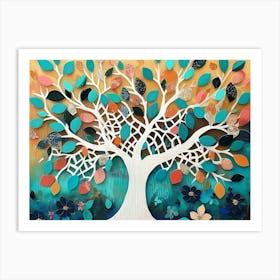 Whimsical Colorful Tree On Oak with White Lattice and Vibrant Leaves Art Print